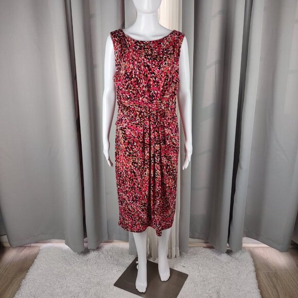 Jessica Howard Size 14 Pink White Black Print Midi Dress Sleeveless Ruched Waist - Picture 2 of 11